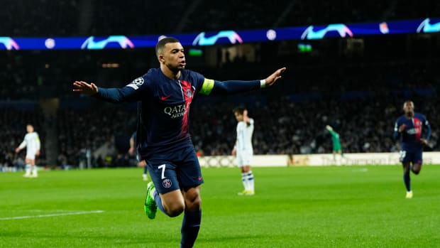 Kylian Mbappe pictured celebrating after scoring a goal for Paris Saint-Germain against Real Sociedad in the UEFA Champions League in March 2024
